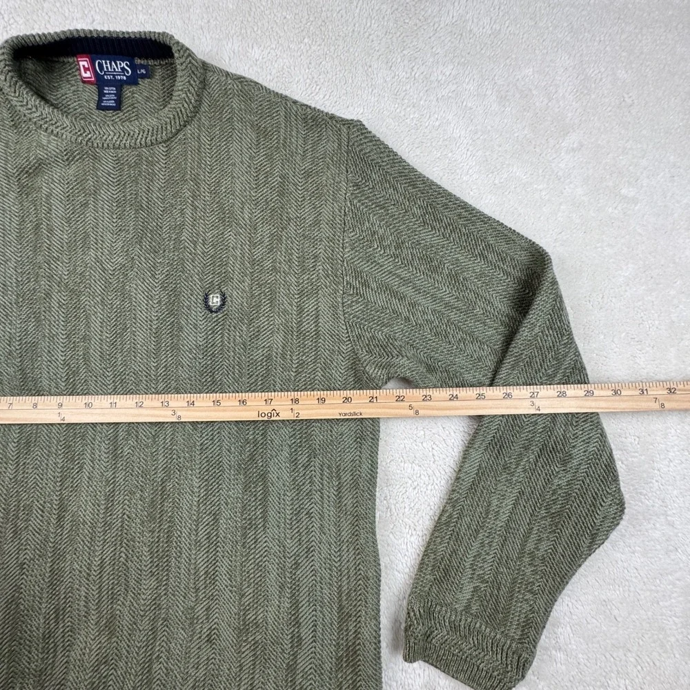 Vintage Chaps Men's L Olive Green Cotton Crew Neck Herringbone Knit Sweater 90's